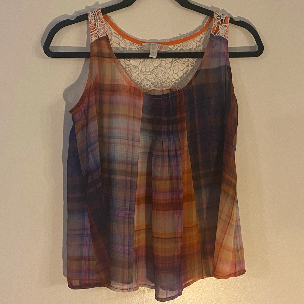 Sheer Vibrant Plaid and Crochet Tank Top Gianni Bini